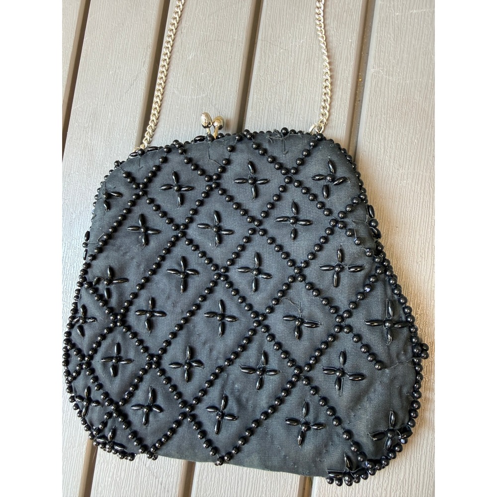 Vintage Black Beaded Evening Bag Made in Japan Kiss Lock Gold Chain Clutch -BE - Picture 2 of 6